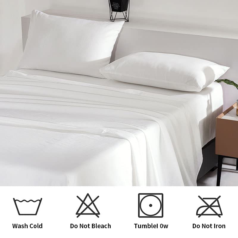 TUMEI 100% Linen Sheets King Bed 4Pcs Set - King Linen Sheets Soft Breathable and Durable Deep Pocket Fitted Sheet & Flat Sheet & 2 Pillowcases,White King Size - Image 5